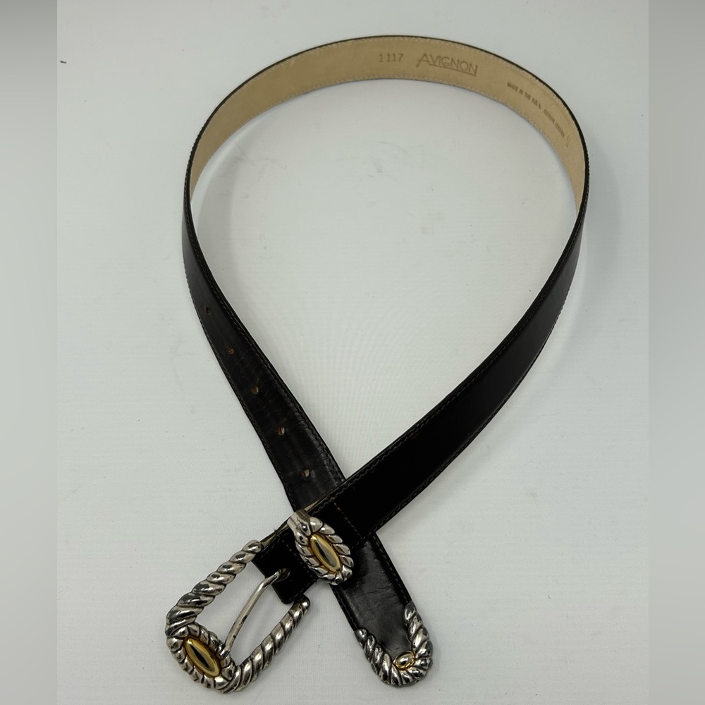 Avignon Black Leather Belt Vintage Gold / Silver Buckle Tail accent Made in USA